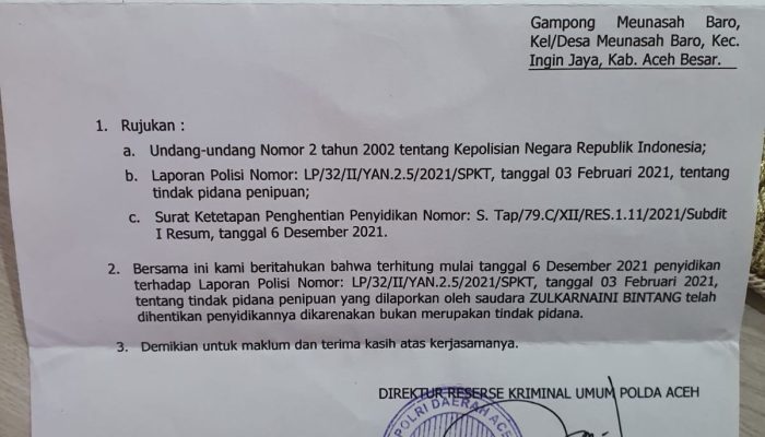 Polda Aceh Hentikan Kasus Laporan Zul Bintang Terhadap Mawardi Ali