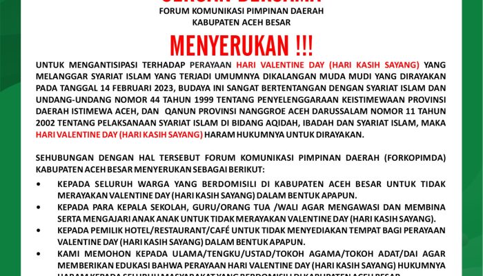 Forkopimda Aceh Besar Larang Rayakan Valentine Day, Hukumnya Haram