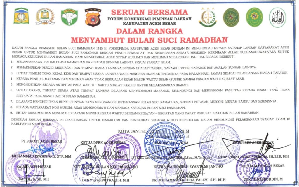 Forkopimda Aceh Besar Keluarkan Seruan Bersama Tata Laksana Ibadah Selama Ramadhan