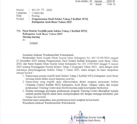 Pemkab Aceh Besar Umumkan Hasil Seleksi Kafilah MTQ Tahap II