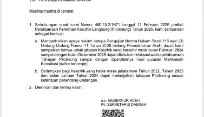 Pemerintah Aceh Instruksikan Penundaan Pilchiksung Lewat Surat Resmi ke Bupati dan Wali Kota