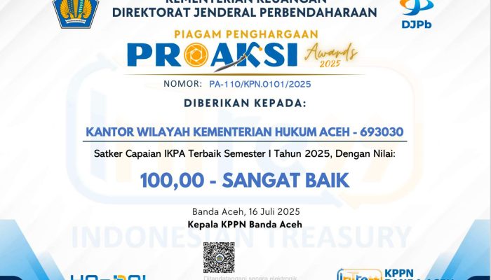 Kemenkum Aceh Raih Penghargaan IKPA Terbaik Semester I 2025 dari DJPb