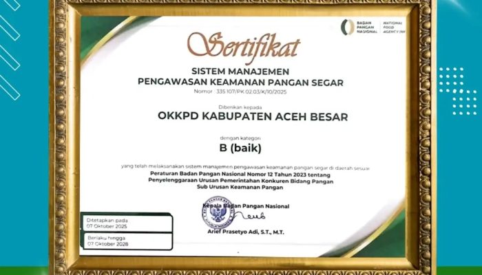 Dinas Pangan Aceh Besar Terima Penghargaan Nasional OKKPD Dengan Kategori Baik