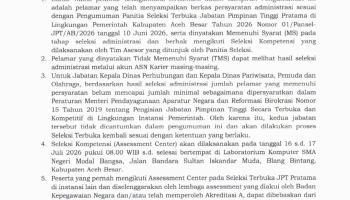 Pemkab Aceh Besar Umumkan Hasil Seleksi Administrasi JPT Pratama 2026, 50 Pelamar Lolos ke Tahap Assessment